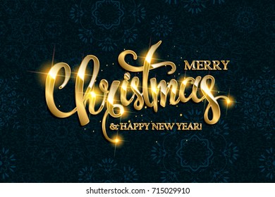 Vector Merry Christmas text with glitter elements. Shine hand drawn letters, Black and gold. Holiday illustration for design greeting cards, photo overlays, invitations.