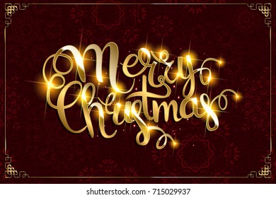 Vector Merry Christmas text with glitter elements. Shine hand drawn letters, Black and gold. Holiday illustration for design greeting cards, photo overlays, invitations.
