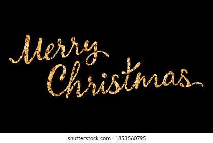 Vector Feliz texto de Navidad. Grabación texturada de brillo dorado sobre fondo negro.