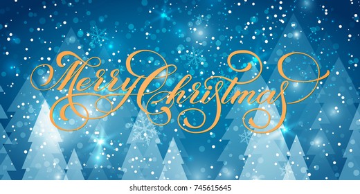 Vector Merry Christmas text on winter backgrounds with pine trees and snow. Creative typography gift poster for holidays on blue background. Vector Ink illustration.  For cards, invitations, prints.