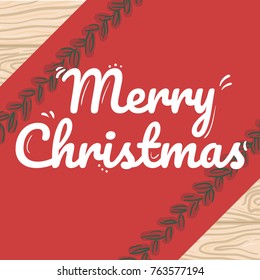 Vector Merry Christmas text on red tablecloth and wooden table background