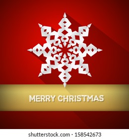 Vector Merry Christmas Theme - Snowflake Made From Paper on Red Background 