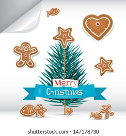 Vector Merry Christmas Theme, Christmas Tree Branch with Gingerbreads on Grey Background