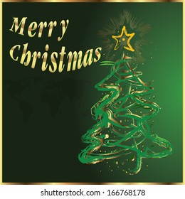 Vector Merry Christmas and tree in green.