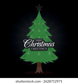 Vector Feliz árbol de Navidad, árbol de pino de color verde, texto de saludos de Navidades, bola de Navidad, decoración de estrellas