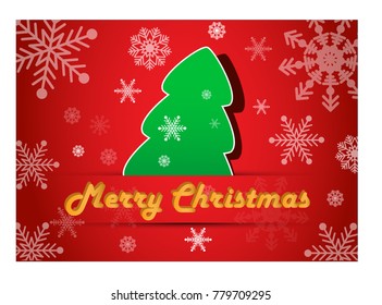 Vector Merry Christmas tree xmas holiday decoration card design red background.