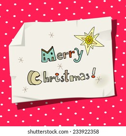 Vector merry christmas type, hand drawn lettering. Doodle style typography on paper, with retro background. Christmas card.