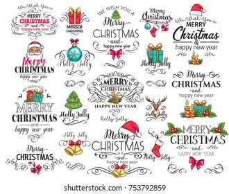 Vector Merry Christmas typography set. Holidays label, logo, emblems with lettering design for greeting cards, gifts etc.