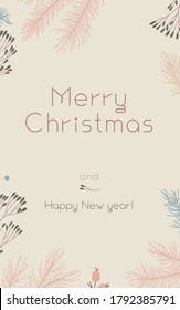 Vector Merry Navidad patrón de banner vertical sobre fondo color arena. Patrón de feria de la venta de invierno. Tarjeta de saludo de la celebración de Año Nuevo. Ramas de navidad de pinecone con hojas de marco aisladas de abeto
