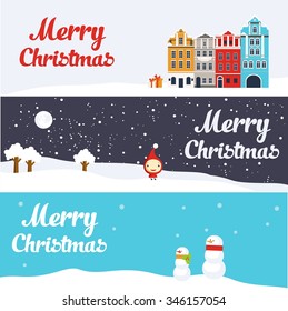 Vector Merry Christmas web banners with letters, winter landscape in flat style