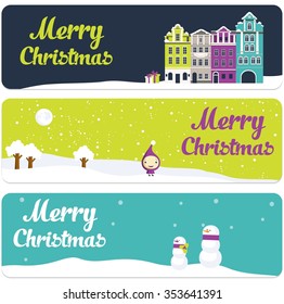 Vector Merry Christmas web banners with letters, winter landscape in flat style