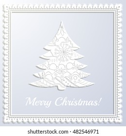 Vector merry Christmas white paper card with applique tree and frame