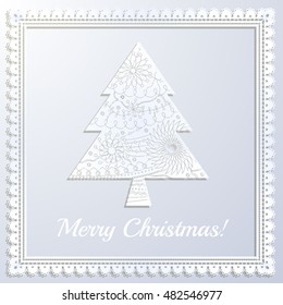 Vector merry Christmas white paper card with applique tree and frame
