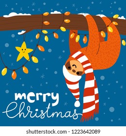 Vector Merry Christmas winter card for holiday season with cute funny sloth on a tree with Christmas lights