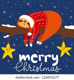 Vector Merry Christmas winter card for holiday season with cute funny sloth dreaming on a tree