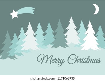 vector merry christmas winter landscape with snow covered hills and spruce tree, greeting card