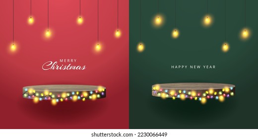 Vector Merry Christmas with wood podium exhibit displays award ceremony, Wooden self product presentation with Christmas lights Colorful Xmas garland glow light bulbs on wire strings