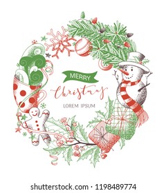 Vector Merry Christmas wreath. Colored sketch of snowman, gingerbread man, mistletoe, gifts, cup of cocoa, spruce branches with baubles. Happy holidays red and green design. Hand-drawn stipple texture