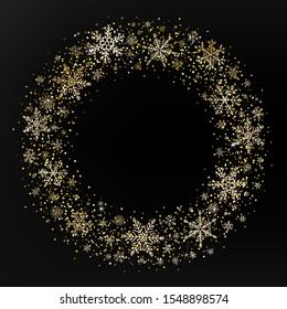 Vector Merry Christmas wreath with golden snowflakes and glitter on black background. Snowflakes round frame with copy space. Happy New Year template for season greeting. Xmas festive card. 