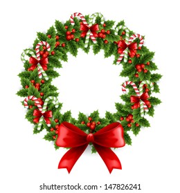 Vector Merry Christmas Wreath With Holly, Bow And Xmas Candy