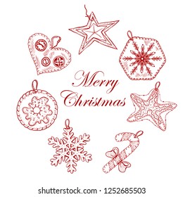 Vector Merry Christmas wreath with red soft Christmas decorations in white background. Vector pattern for new year's day, Christmas, winter holiday, tree toys, new year's eve.