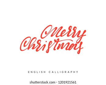 Vector Merry Christmas. Xmas hand drawn calligraphy lettering. Greeting card with red handwritten text