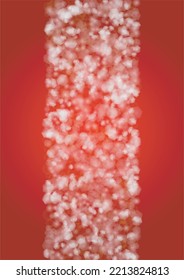 Vector Merry Christmass and New Year Glitter Snowfall Background. White and Silver Defocused Light Spots on Red Gradient. Magic Fantasy Bokeh Glowing Design. Falling Snow Effect. Luxury Border Design