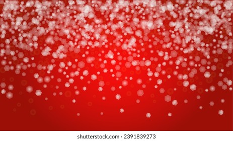 Vector Feliz Navidad y fondo de nevada de Año Nuevo. Puntos de luz desenfocados en el degradado rojo. Diseño brillante de Bokeh con fantasía mágica. Caer Efecto Nieve. Diseño de marco iluminado.