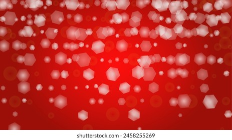 Vector Feliz Navidad y Nuevo Año Brillante Fondo de nevada. Manchas de luz desenfocadas en degradado rojo. Magia Fantasía Bokeh Diseño brillante. Efecto Nieve Caída. Diseño de marco iluminado.