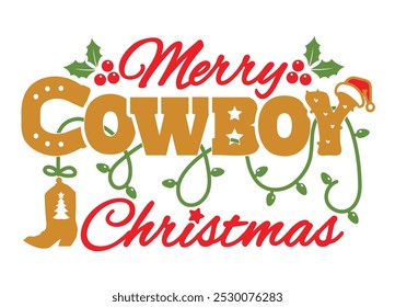 Vector Merry Cowboy Christmas printable illustration isolated on white for Design. Western Holiday Design perfect for adding a rustic, country-western touch to your holiday decorations