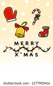 vector of Merry X'Mas with golden bell, old sock,  candy cane, hand red glove background snowing down winter season and blue, red, yellow, green color lightbulbs Christmas hand drawing illustration