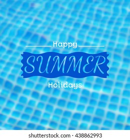 Vector mesh blurred background with illustration of swimming pool and summer label. Travel design.