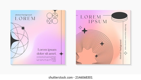 Vector mesh gradient backgrounds with wireframe geometric shapes,copy space for text.Abstract illustrations in y2k aesthetic.Pastel colors.Trendy minimalist designs for banners,social media,covers.