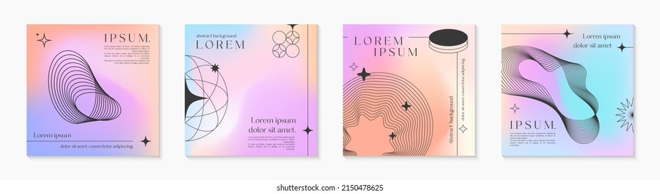 Vector mesh gradient backgrounds with wireframe geometric shapes,copy space for text.Abstract illustrations in y2k aesthetic.Pastel colors.Trendy minimalist designs for banners,social media,covers.