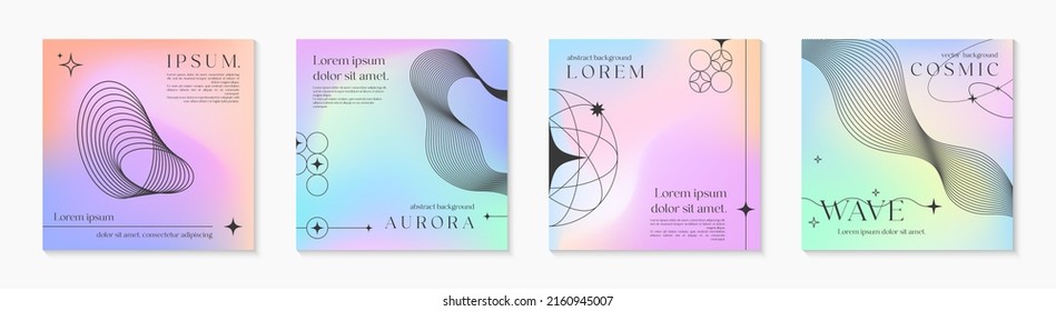 Vector mesh gradient backgrounds with wireframe geometric shapes,copy space for text.Abstract illustrations in y2k aesthetic.Pastel colors.Trendy minimalist designs for banners,social media,covers.