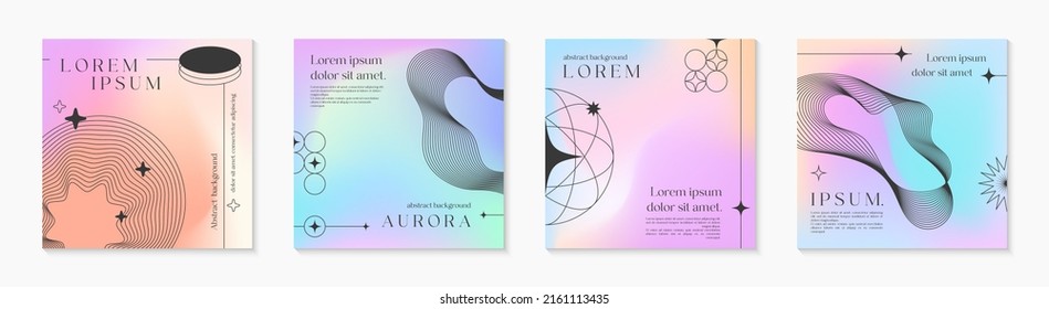 Vector mesh gradient backgrounds with wireframe geometric shapes,copy space for text.Abstract illustrations in y2k aesthetic.Pastel colors.Trendy minimalist designs for banners,social media,covers.