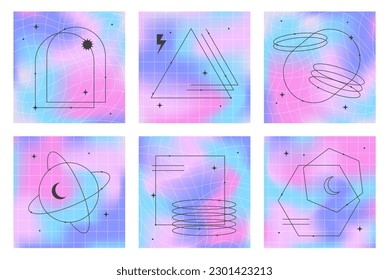Vector mesh gradient backgrounds with wireframe geometric shapes and futuristic spheres.Abstract illustrations in y2k aesthetic.Pastel colors.Trendy minimalist designs for banners,social media,covers.