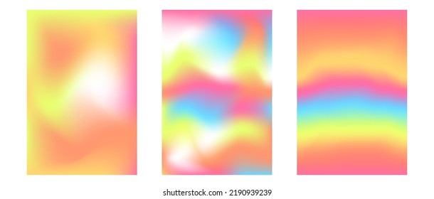 Vector mesh gradient y2k backgrounds set. Abstract fluid aesthetic illustrations. Soft colors pink, blue, yellow, orange. Trendy design with copy space for text. Vibrant blurred template 
