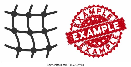 Vector mesh grid icon and distressed round stamp seal with Example caption. Flat mesh grid icon is isolated on a white background. Example stamp seal uses red color and dirty surface.