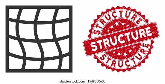 Vector mesh icon and grunge round stamp seal with Structure caption. Flat mesh icon is isolated on a white background. Structure stamp seal uses red color and grunged surface.