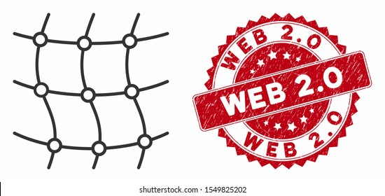 Vector mesh net icon and rubber round stamp watermark with Web 2.0 caption. Flat mesh net icon is isolated on a white background. Web 2.0 stamp seal uses red color and grunge texture.