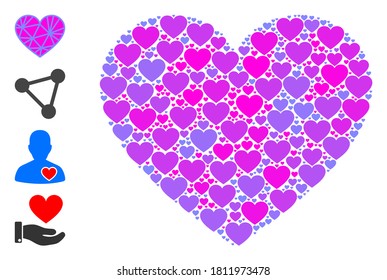 La composición del corazón rosado de malla vectora está hecha de íconos recurrentes del corazón rosa de malla. Collage recursivo para el corazón rosa de malla. Hay otros iconos presentes en este vector.