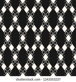 Vector mesh seamless pattern. Abstract black and white geometric ornament. Texture of grid, lace, tissue, knitting, lattice, fence. Monochrome repeat background. Elegant dark design for decor, cloth