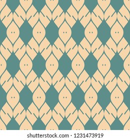 Vector mesh seamless pattern. Elegant abstract geometric ornament in teal and tan colors. Texture of grid, lace, tissue, knitting. Retro vintage style background. Repeat design for decor, wallpapers
