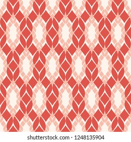 Vector mesh seamless pattern. Elegant abstract geometric ornament in red, pink and beige colors. Texture of grid, lattice, tissue, knitting, crochet. Ornate background. Repeat design for decor, cloth