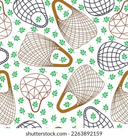 Vector mesh or mesh shopping bags for eco friendly living. Zero waste. Green leaves. Wrapping paper, print, textile, fabric.