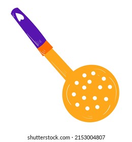 Vector mesh skimmer illustration. Kitchen tools icon set. Cooking collection. Yellow and purple color. On white background.