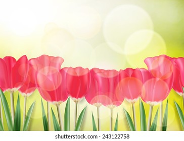 Vector mesh spring tulip on the green bokeh background. 
