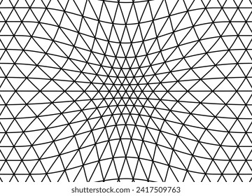 Vector mesh of thin black lines on a white background. Geometric pattern of triangles. Optical distortion. Deformation of space. Modern vector background