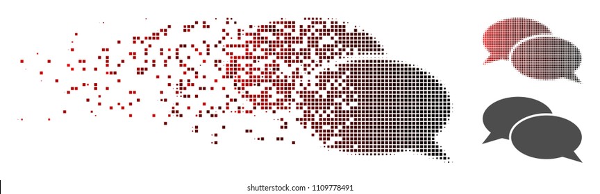 Vector message clouds icon in dissolved, dotted halftone with red to black horizontal gradient and undamaged whole versions. Disappearing effect uses rectangular dots.